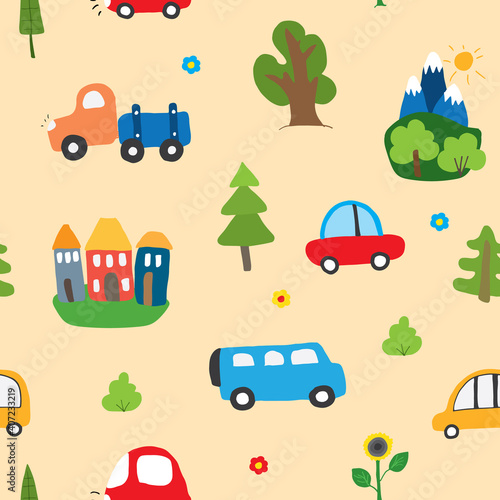 Fototapeta Naklejka Na Ścianę i Meble -  Cute Cars Seamless Pattern, Cartoon transportation Doodles Background, vector Illustration