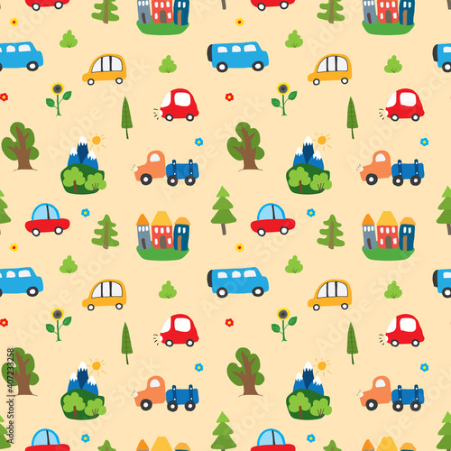 Cute Cars Seamless Pattern, Cartoon transportation Doodles Background, vector Illustration