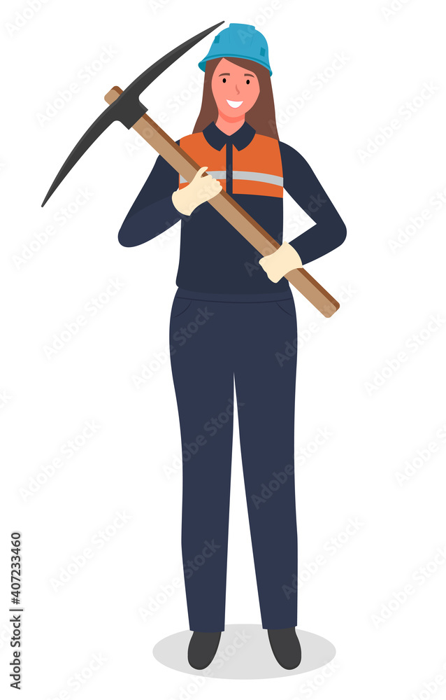 Woman miner with pickaxe, coal mining, hard work, worker in protective helmet, suit, not female work, lady working at coal mine, cheerful lady with industrial instrument for excavation, digging Woman miner with pickaxe, coal mining, hard work, worker in protective helmet, suit, not female work, lady working at coal mine, cheerful lady with industrial instrument for excavation, digging