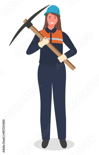 Woman miner with pickaxe, coal mining, hard work, worker in protective helmet, suit, not female work, lady working at coal mine, cheerful lady with industrial instrument for excavation, digging