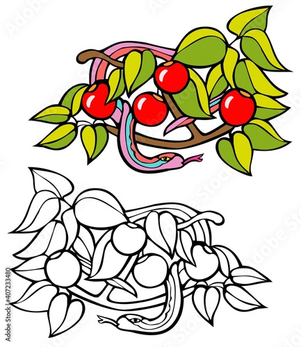 Snake in a fruit tree, with bonus black outline version.