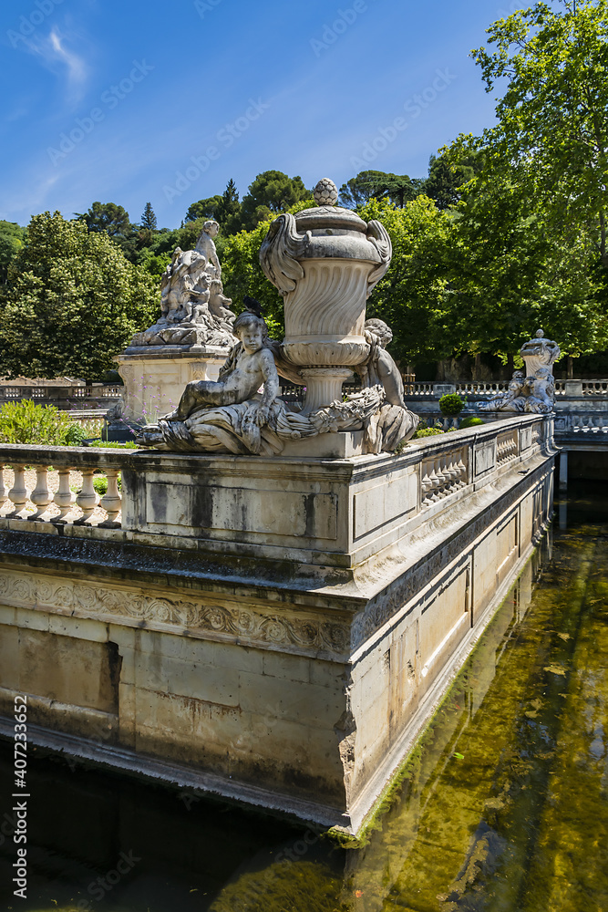 Remarkable garden and first public garden in Europe: Nimes Gardens of the Fountain (Jardin de la Fontaine, 1738 - 1755). Nimes, Occitanie region of southern France.