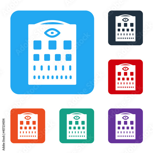 White Eye test chart icon isolated on white background. Poster for vision testing in ophthalmic study. Snellen chart. Set icons in color square buttons. Vector.