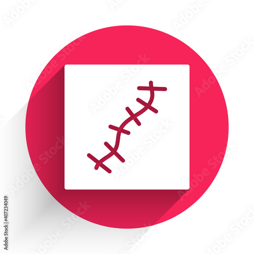 White Scar with suture icon isolated with long shadow. Red circle button. Vector.