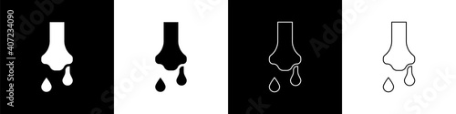 Set Runny nose icon isolated on black and white background. Rhinitis symptoms, treatment. Nose and sneezing. Nasal diseases. Vector.