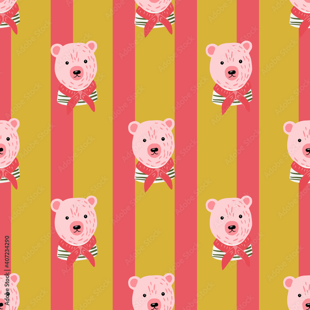 Obraz premium Bright seamless pattern with pink bear head ornament in marine style. Pink and ocher striped background.