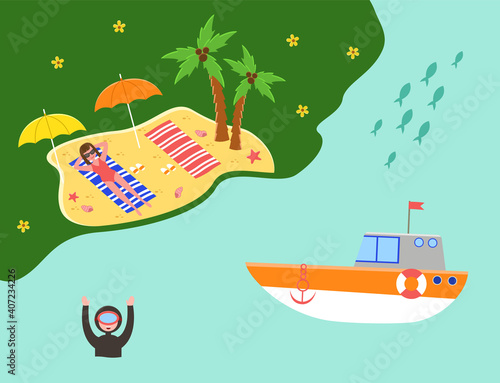 Tropical landscape with tanned girl sunbathing in seashore, enjoying sun. Woman in glasses and swimsuit lies in the sand. Sea yacht and a man diver swim in the water. Island surrounded by the ocean