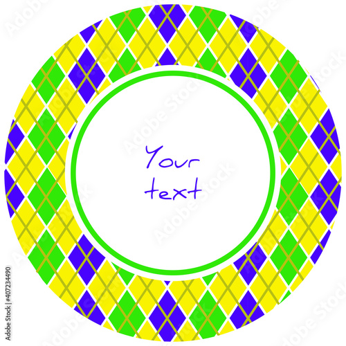 Mardi Gras round frame with argyle in traditional colors; for greeting cards, invitations, posters, banners.