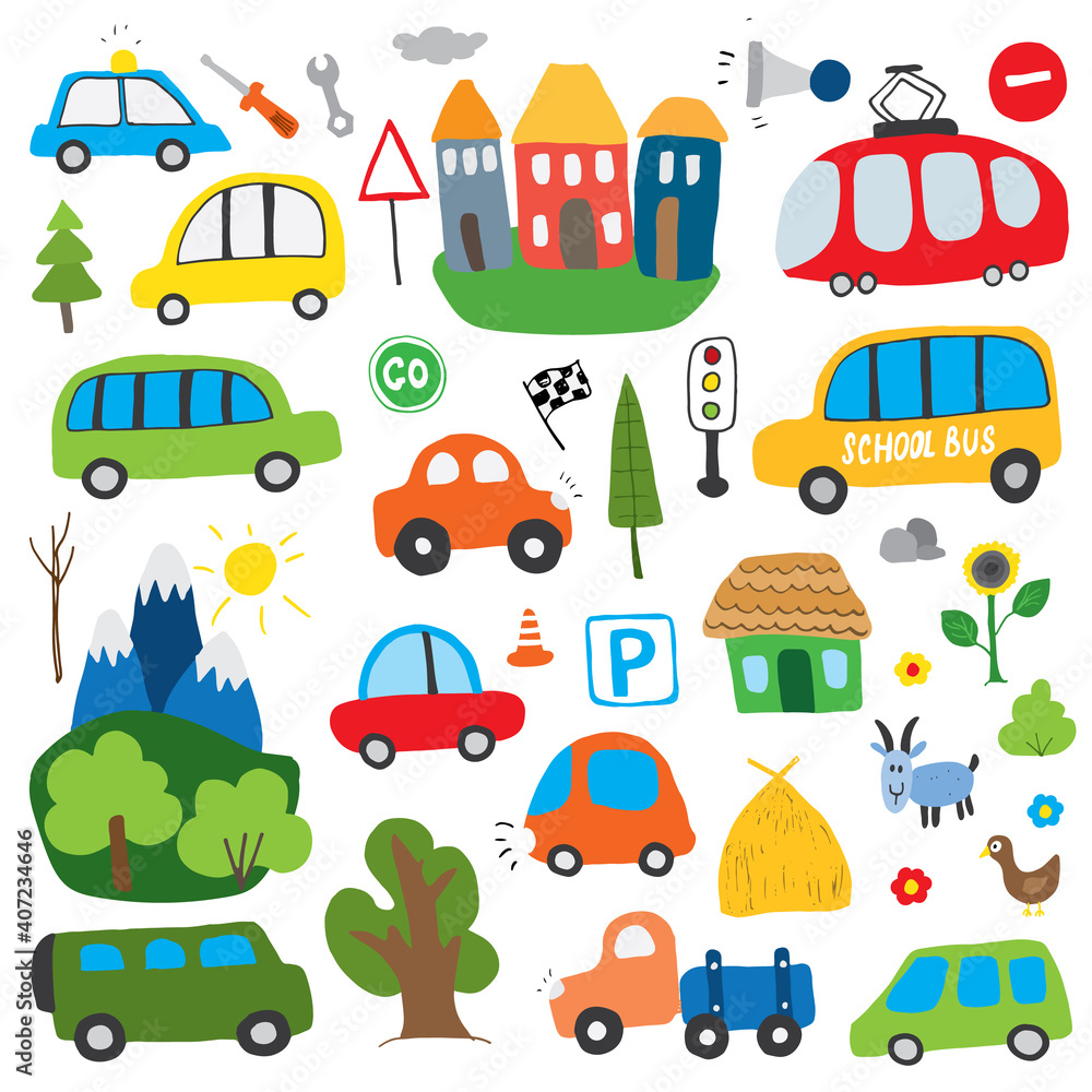 Naklejka premium Cars Cartoon Set. Cute transport Doodles collection, vector illustration