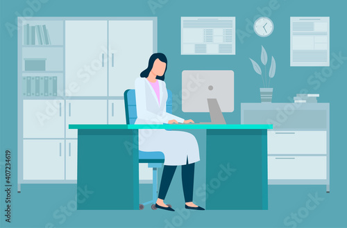 A woman in a medical gown works at a laptop. The girl works in a hospital room. Woman in glasses and a uniform sits in the office at a computer. Therapist is working remotely with technology