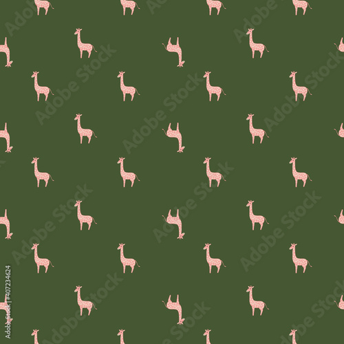 Abstract seamless animal safari seamless pattern with pink little giraffe ornament. Green background.