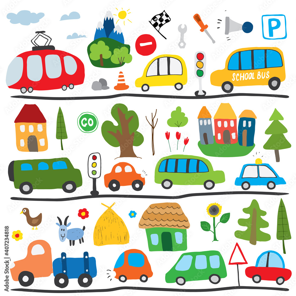 Cars Cartoon Set. Cute transport Doodles collection, vector illustration