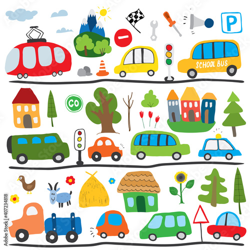 Cars Cartoon Set. Cute transport Doodles collection, vector illustration © saint_antonio