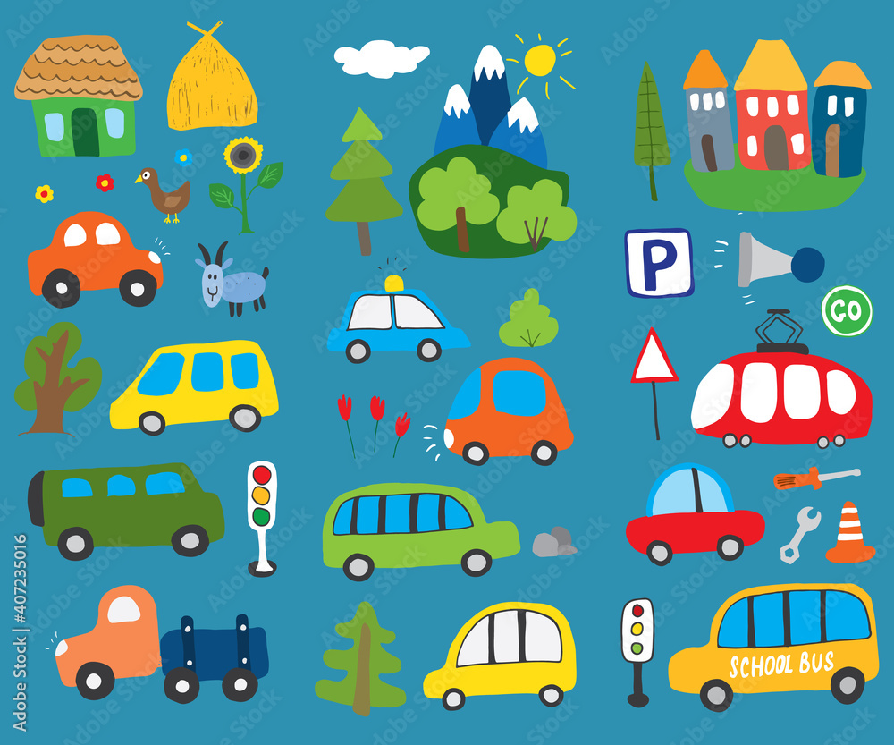 Cars Cartoon Set. Cute transport Doodles collection, vector illustration Cars Cartoon Set. Cute transport Doodles collection, vector illustration