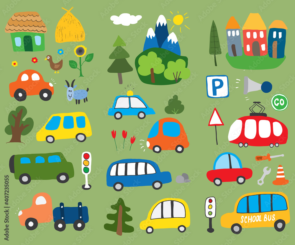 Naklejka premium Cars Cartoon Set. Cute transport Doodles collection, vector illustration