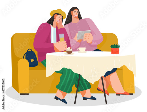 Girls friends meeting in restaurant, women eat cakes with coffee and juce. Young woman girlfriends making video for social media, taking selfie photo on smartphone isolated on white background