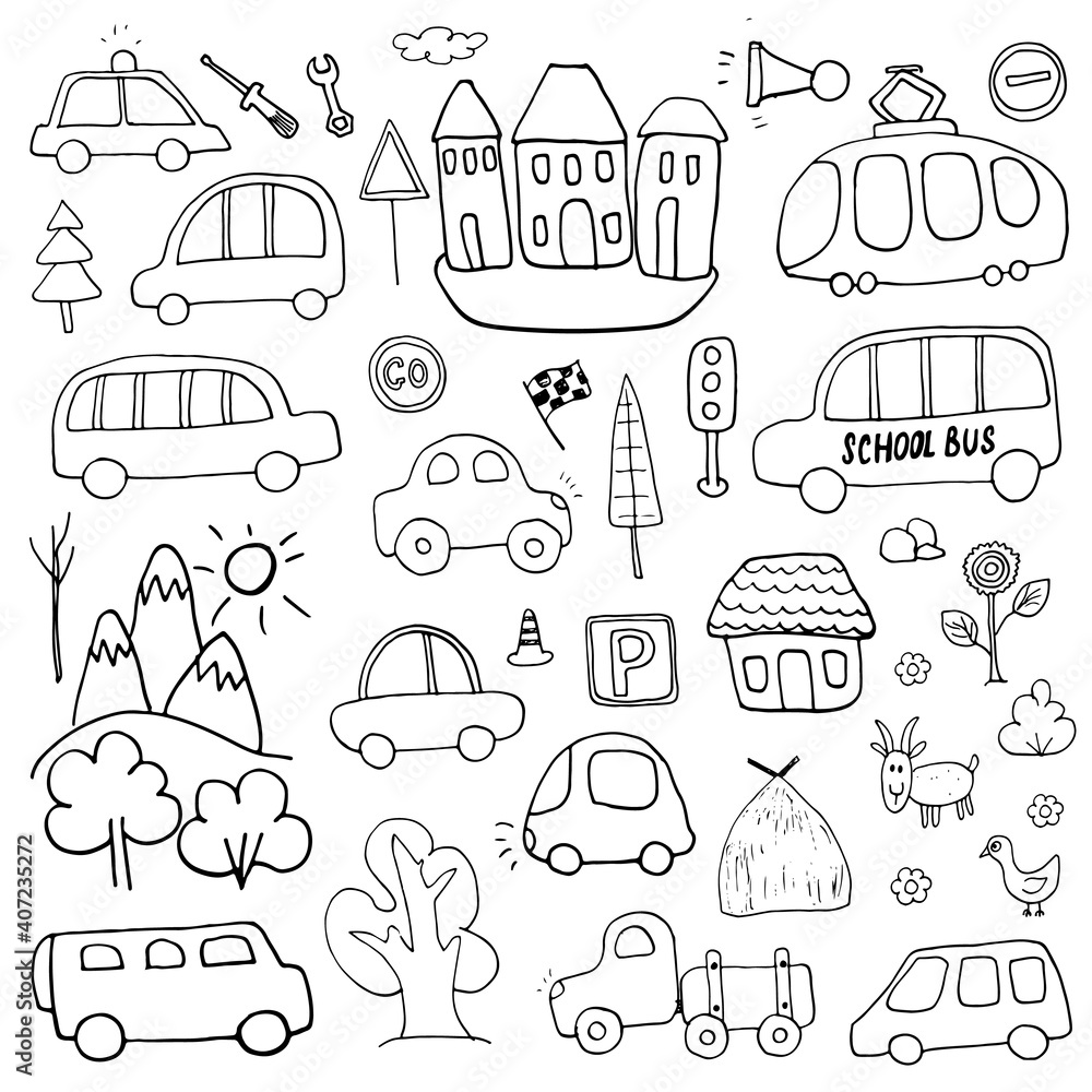 Cars Cartoon Set. Cute transport Doodles collection, vector illustration