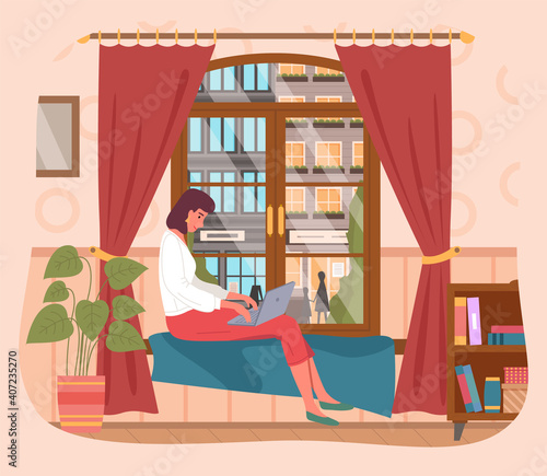 Business woman working at home using laptop, sitting on windowsill. View from the window on the city street, pedestrians walking avenue. Remote work. Cozy living room interior. City landcape look