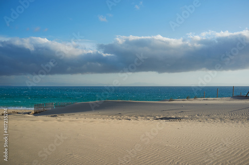 View of Valdevaqueros dune and beach in Tarifa. Natural landscape of Cadiz coast in Andalusia Spain