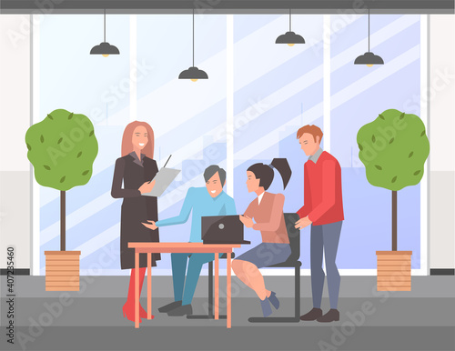 Businesspeople communicating, discuss a project, brainstorm together. Happy partners at business meeting, working process. Group of colleagues sitting at a table, talking about conclusion of contract
