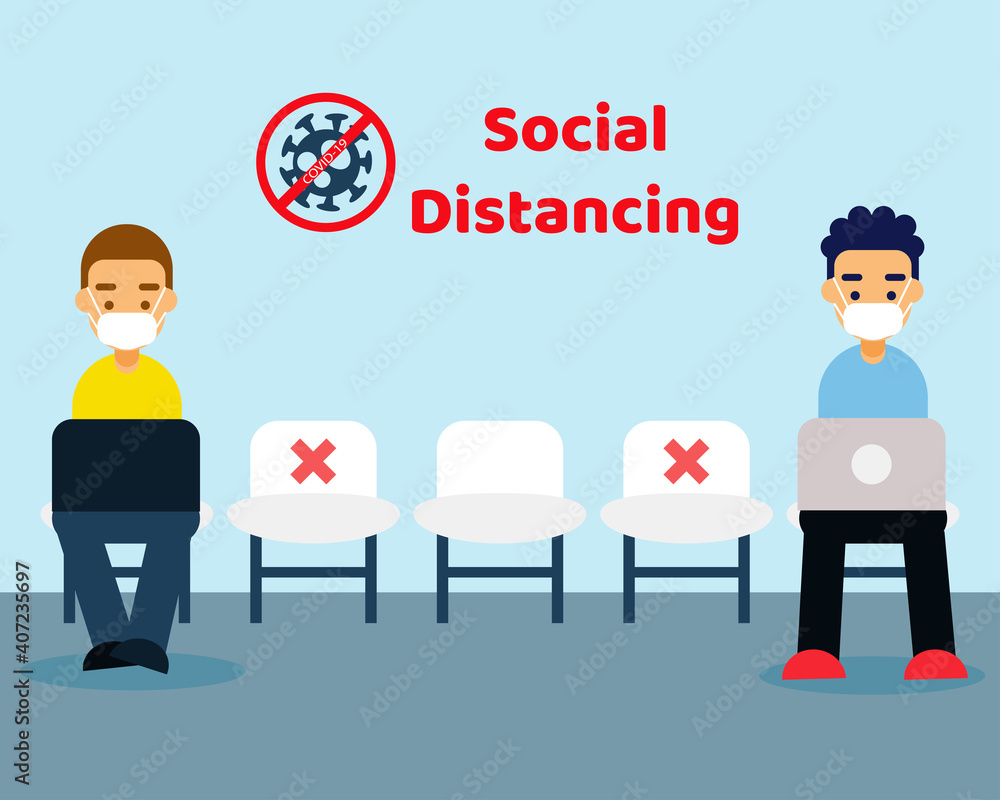 Social Distancing with COVID-19 crisis concept: There are people who wear face masks for protect corona virus. Cartoon vector style for your design. Social Distancing with COVID-19 crisis concept: There are people who wear face masks for protect corona virus. Cartoon vector style for your design.