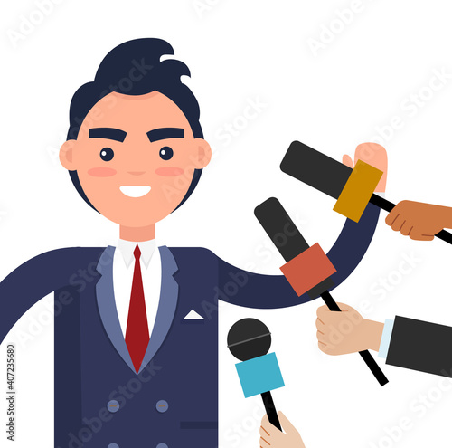 Press conference with a serious guy. Journalists with microphones interview a businessman in a suit. Young male character isolated on white background. Correspondents hold special equipment