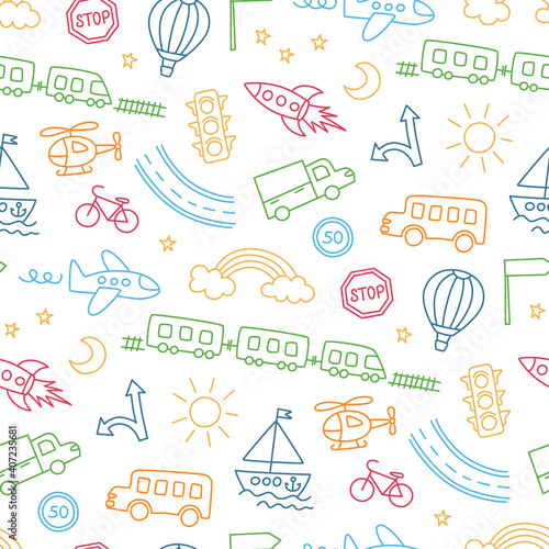 Children drawing of cars, train, plane, helicopter and rocket. Doodle transport. Seamless pattern in kid style. Hand drawn vector illustration on white background
