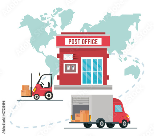 post office building facade with truck and forklift