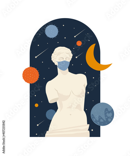 Female Antique statue. Museum of the pandemic lockdown ovid time in coronavirus. A woman without hands. Mythical, ancient greek style. Hand drawn Vector illustration. Classic statue in modern style.