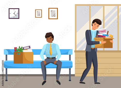 Layoff concept. Boss dismissed employee. Unhappy fired men leave the office with things in boxes. Unemployment dismissal of fellow workers. Crisis, jobless and employee job reduction concept
