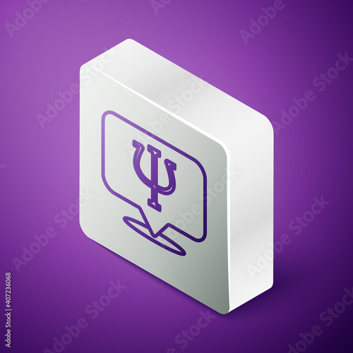 Isometric line Psychology icon isolated on purple background. Psi symbol. Mental health concept, psychoanalysis analysis and psychotherapy. Silver square button. Vector.