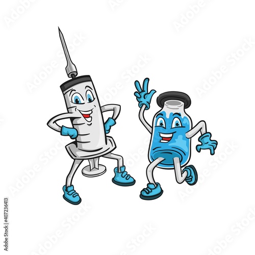 logo mascot character injection with vaccine . vector illustration
