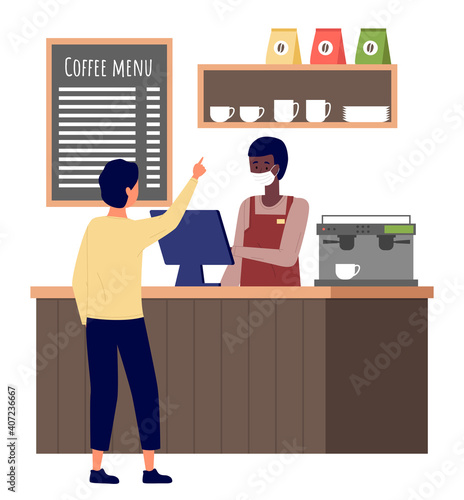 Man choose cakes and buy coffee at bakery shop or cafe. Male barista seller in face mask in bakery interior serves male customer. Visitors at the coffee shop during quarantine, safe service concept