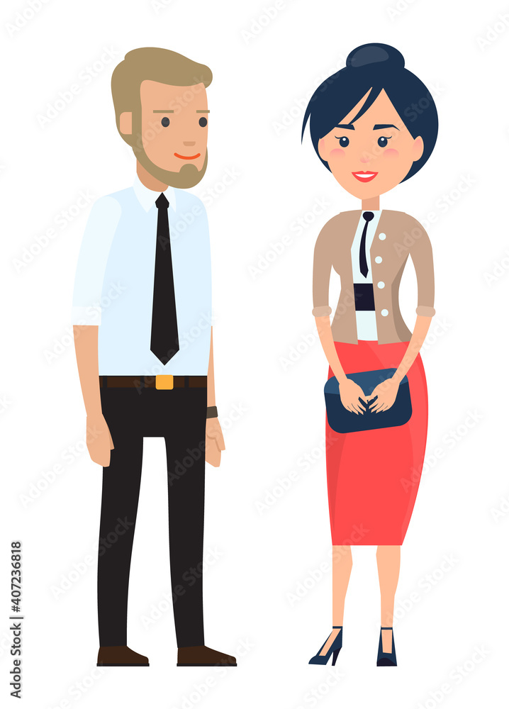 Stylish businessmen. Cartoon man and wooman, partners characters in fashion clothes. Bearded man in a shirt with a tie. Fashionable businesswoman with clutch bag in hand flat style illustration.