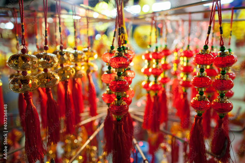 lucky knot lunar new year decoration in Vietnam with gold and red colours. Asian new year. Chinese lunar new year background.