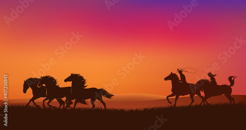 cowboy and cowgirl riders chasing mustang horses herd and throwing lasso - romantic wild west sunset landscape scene vector silhouette design