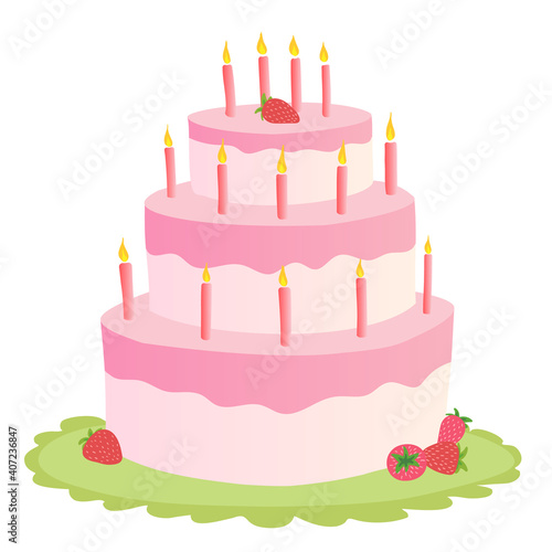 Three-tiered pink cake with burning candles and fresh strawberries. On a green tray. Color image on a white background. Doodle.