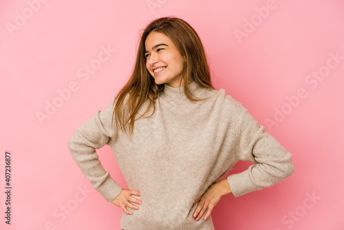 Young skinny caucasian teenager girl confident keeping hands on hips.