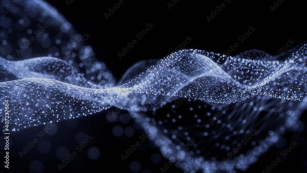 Sound Wave Vizualisation concept. Music audio frequencies represented as High Tech Futuristic Particle Waves. Abstract background. 3D render