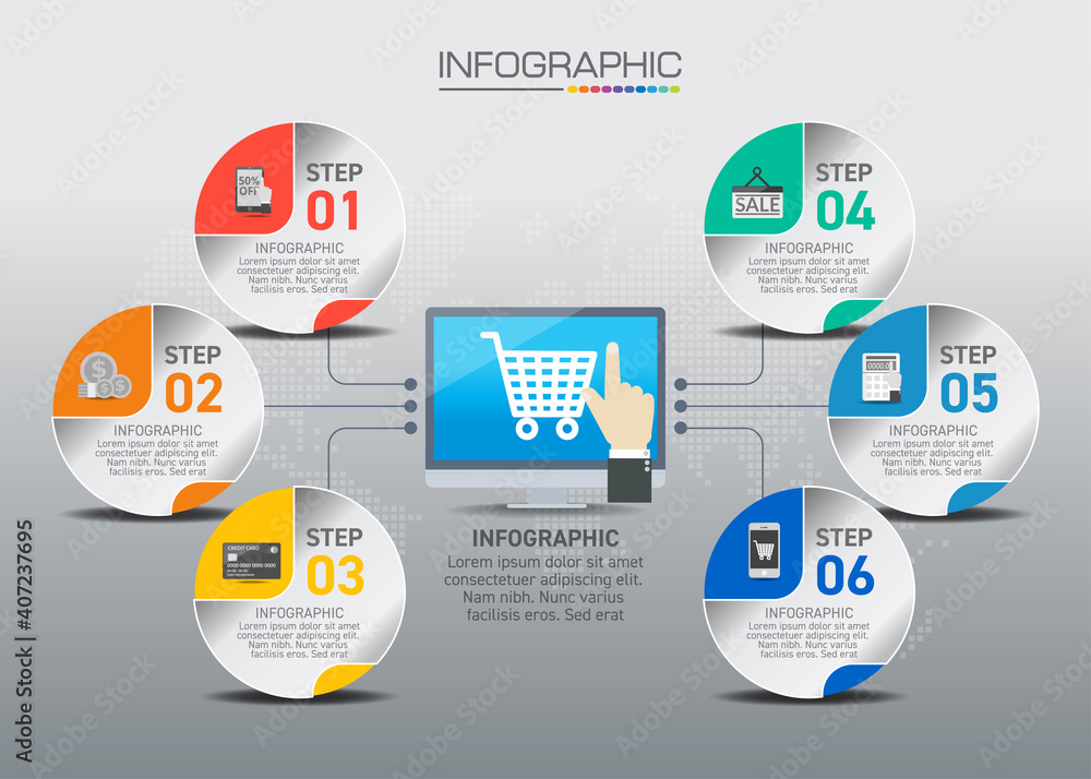 Fototapeta premium Infographic concept of shopping online process with 6 steps.