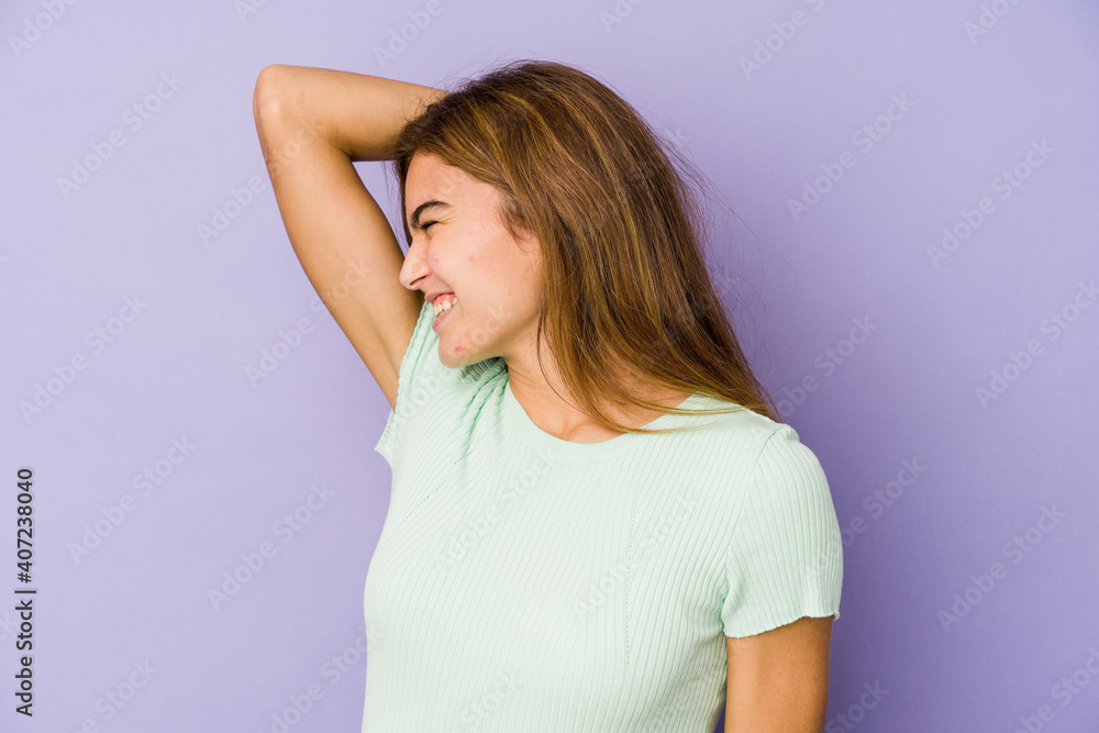 Young skinny caucasian girl teenager on purple background tired and very sleepy keeping hand on head. Young skinny caucasian girl teenager on purple background tired and very sleepy keeping hand on head.