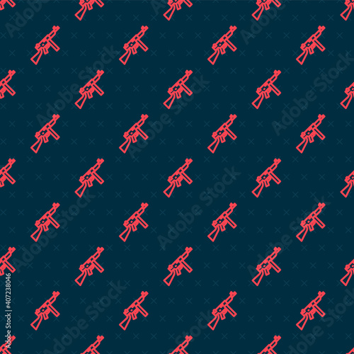 Red line Thompson tommy submachine gun icon isolated seamless pattern on black background. American submachine gun. Vector.