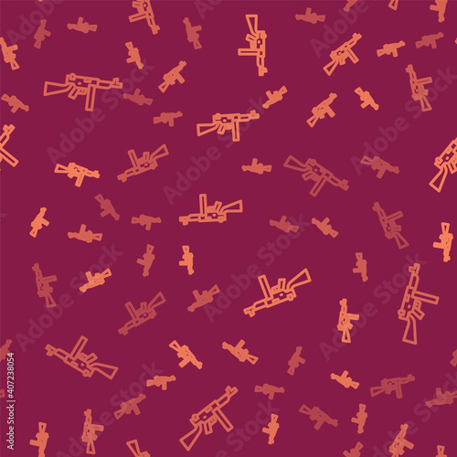 Brown line Thompson tommy submachine gun icon isolated seamless pattern on red background. American submachine gun. Vector.