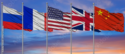 3D Illustration with national flags of the five countries member states of the P5 group (also known as the Big Five)