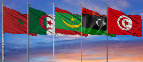  3D Illustration with national flags of the five countries which are full member states of the Arab Maghreb Union photo