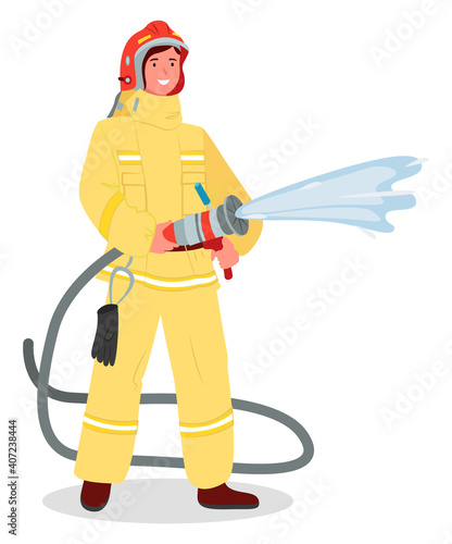 Illustration of a girl wearing fireman safety costume with helmet and holding fire hose isolated on white background. Firefighter modern woman in the male profession vector flat design brave firewoman