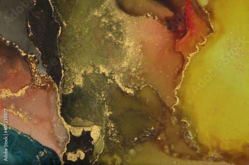 Art Abstract color and gold glitter background. Marble texture. Alcohol ink colors.