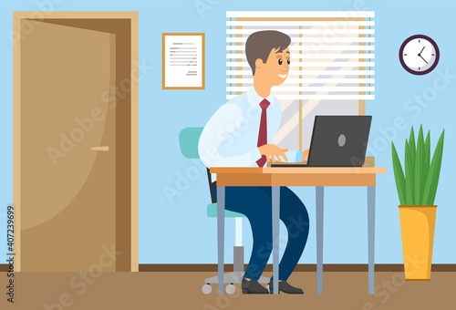 Businessman working at the computer sitting at a table in office space. Smiling man in shirt and tie looking at the laptop screen. Freelancer doing work on the computer. Happy manager at his workplace