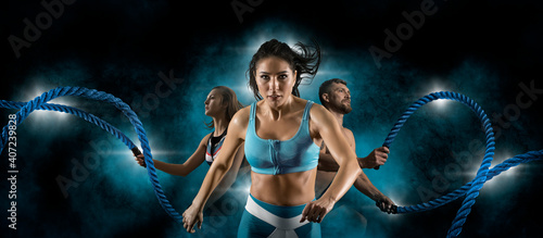 Sporty young woman running. Sports banner