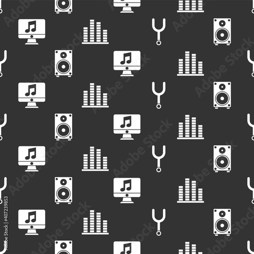 Set Musical tuning fork, Stereo speaker, Computer with music note and Music equalizer on seamless pattern. Vector.